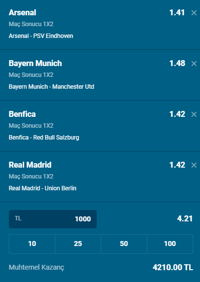 MaratonAnaliz's tweet photo. Günün Kuponu ⚽️ 

Oran: 4.21 🧨

#ChampionsLeague #SampiyonlarLigi #Galatasaray #Kopenhag #RealMadrid #Arsenal #bayern #ManchesterUnited https://t.co/e2F4H0J4Pd