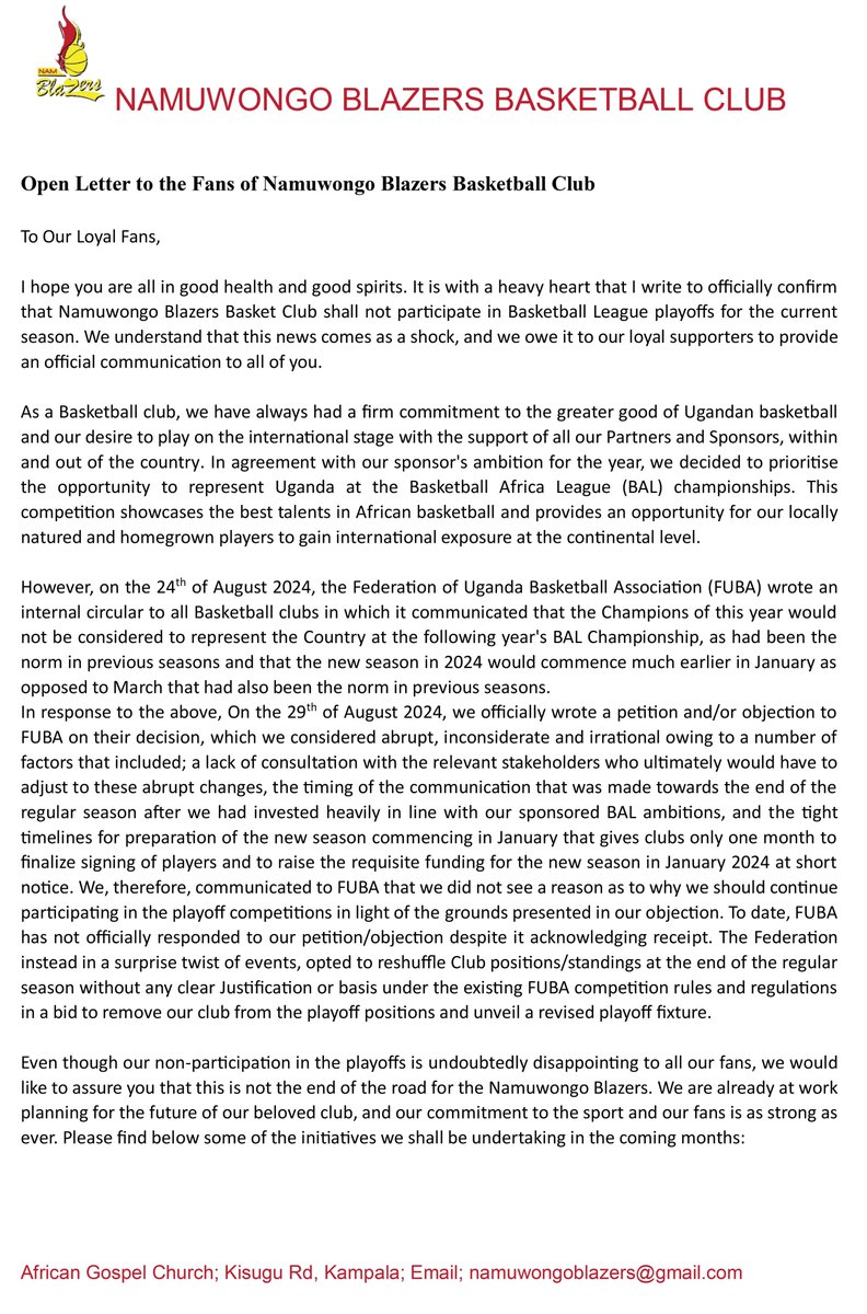 Namblazers's tweet image. Letter to our beloved fans. ❤️🤍

#JoinTheBlazers2023|| #SamangaIct&amp;amp;energy || #Motorolasolutions || #RadioTrans || #AbjaEstates || #Abjaparks