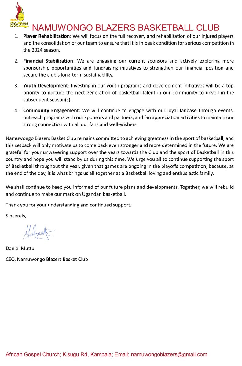 Namblazers's tweet image. Letter to our beloved fans. ❤️🤍

#JoinTheBlazers2023|| #SamangaIct&amp;amp;energy || #Motorolasolutions || #RadioTrans || #AbjaEstates || #Abjaparks