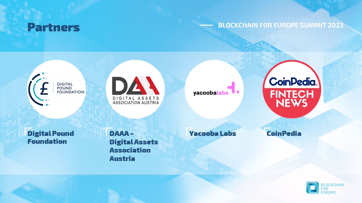 We hope you're ready for some more #partners of the #BC4EUSummit2023!🥁

A big thanks to 🙌:
<a href="/digitalpoundfdn/">Digital Pound Foundation</a> 
<a href="/DAAA_at/">Digital Asset Association Austria</a> 
@yacoobalabs 
<a href="/CoinpediaNews/">Coinpedia</a> 

Stay tuned for the final updates ahead of next week🤩

Register blockchain4eu.eu/2023-summit-re……
Agenda blockchain4europe.eu/event/blockcha…