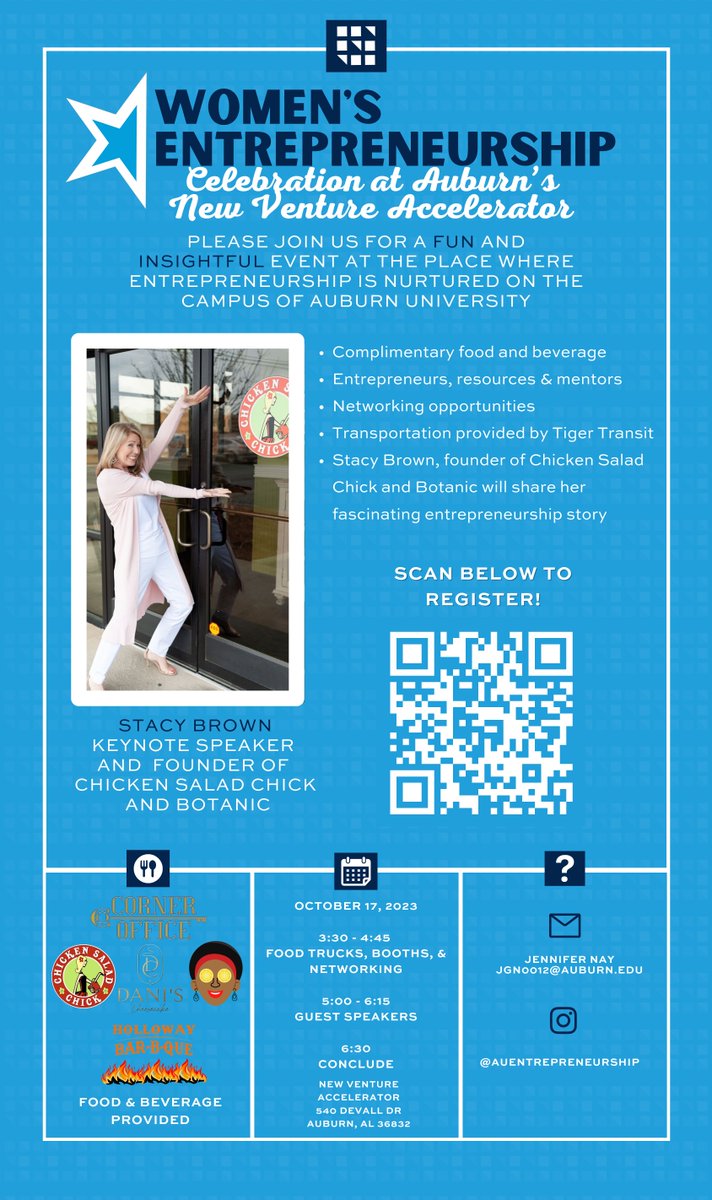 Announcing the New Venture Accelerator's  Women's Entrepreneurship Celebration, October 17, 2023.
 
#newventureaccelerator #thepark #theparkatauburn #harbertcollegeofbusiness #womenentrepreneurs #entrepreneurship #auburn #auburnuniversity