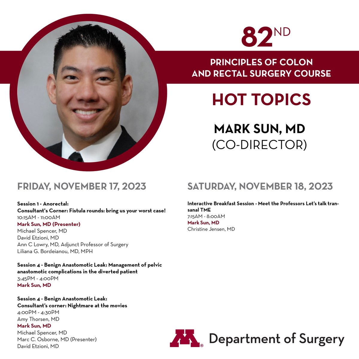 Wolfgang Gaertner (@gaertnerwb) on Twitter photo Reminder for GS residents. Register for our course and come and talk with the one and only Dr. Mark Sun (course co-director and <a href="/MNCRSurgery/">MNCRSurgery</a> fellowship PD)
<a href="/UMNSurgery/">UMN Surgery</a> <a href="/ASCRS_1/">ASCRS_1</a> <a href="/MarcOsborneMD/">Marc Osborne MD</a> <a href="/AjthorsenL/">Amy J. Thorsen, MD</a> <a href="/AnnLowry12/">Ann Lowry</a> Reminder for GS residents. Register for our course and come and talk with the one and only Dr. Mark Sun (course co-director and <a href="/MNCRSurgery/">MNCRSurgery</a> fellowship PD)
<a href="/UMNSurgery/">UMN Surgery</a> <a href="/ASCRS_1/">ASCRS_1</a> <a href="/MarcOsborneMD/">Marc Osborne MD</a> <a href="/AjthorsenL/">Amy J. Thorsen, MD</a> <a href="/AnnLowry12/">Ann Lowry</a>