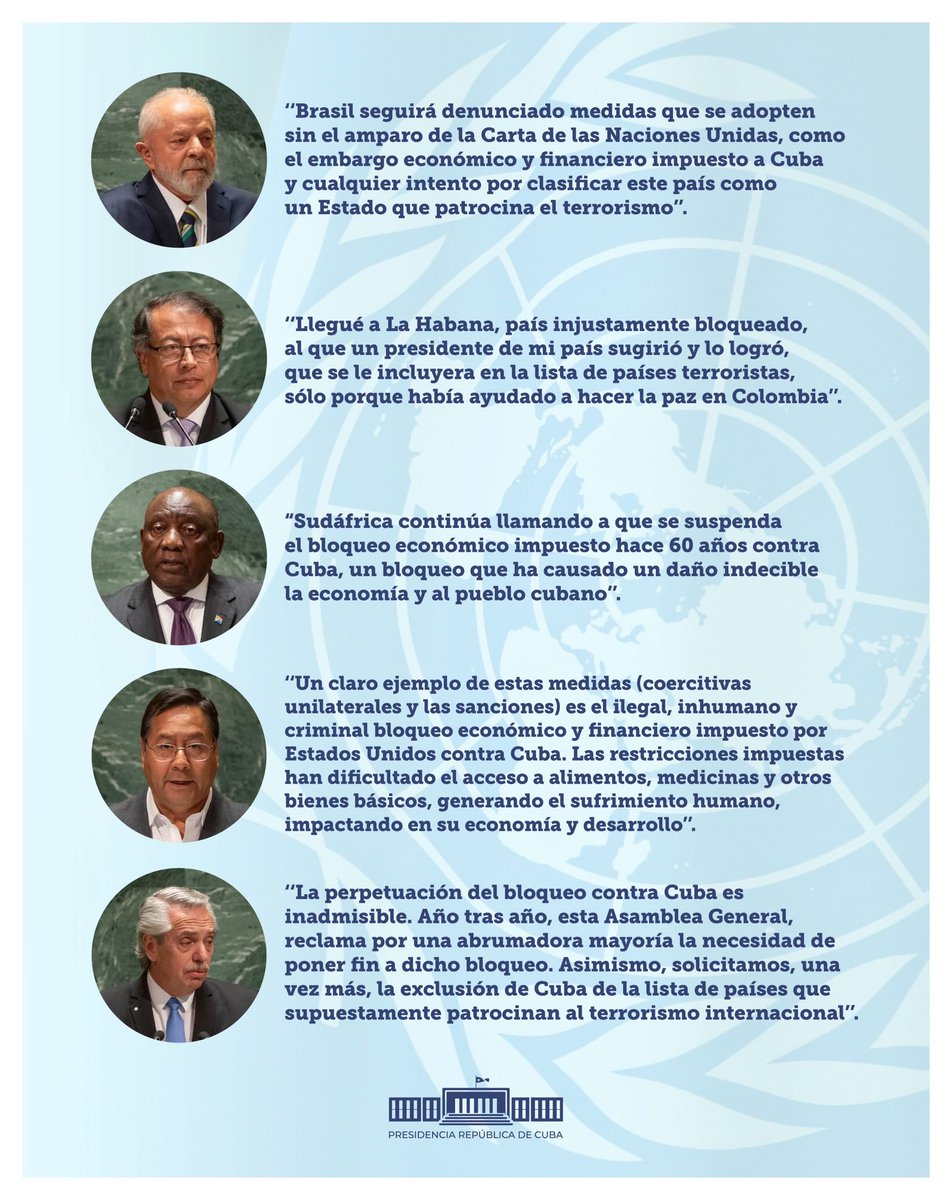 El nombre de #Cuba se ha escuchado varias veces en #UNGA78 . 

Agradecemos la condena al #Bloqueo que han expresado varios jefes de delegaciones al hablar de los problemas que merecen atención de la comunidad internacional. 

#ElSurTambiénExiste