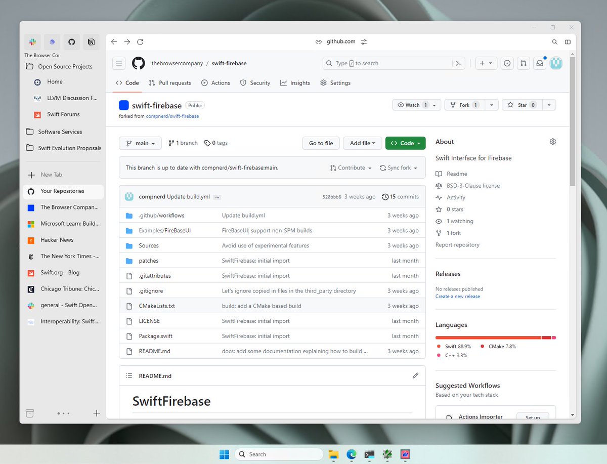 compnerd's tweet photo. We’re dedicated to sharing our work @browsercompany - so today we’re publishing our first post on building rich native experiences on Windows with Swift &amp; open sourcing our swift-firebase repo

First up, interoperability! Windows APIs, COM, C++ and how they integrate with Swift🧵 https://t.co/ID5KeUZ6eW