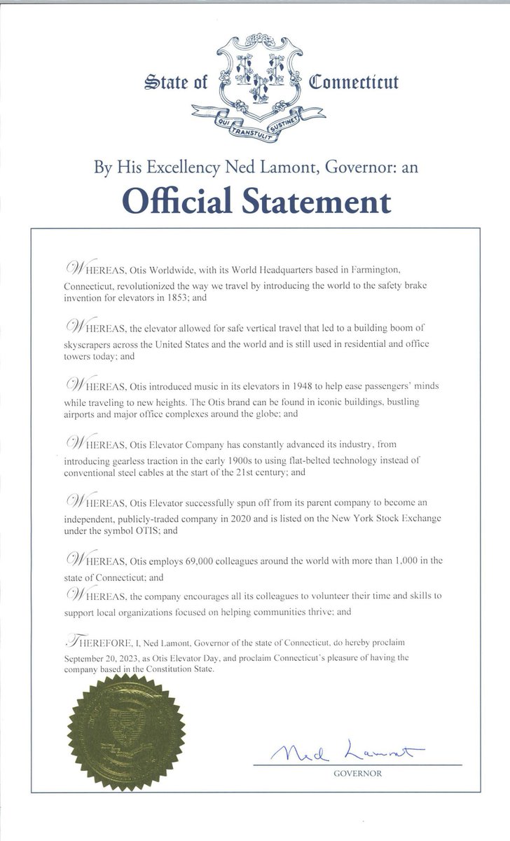 Thanks <a href="/GovNedLamont/">Governor Ned Lamont</a> for declaring today Otis Elevator Day in Connecticut and helping <a href="/OtisElevatorCo/">Otis Elevator Co.</a> celebrate our 170th anniversary. We are proud to have a positive impact on our local communities in Connecticut and everywhere we do business. #MadeToMoveYou