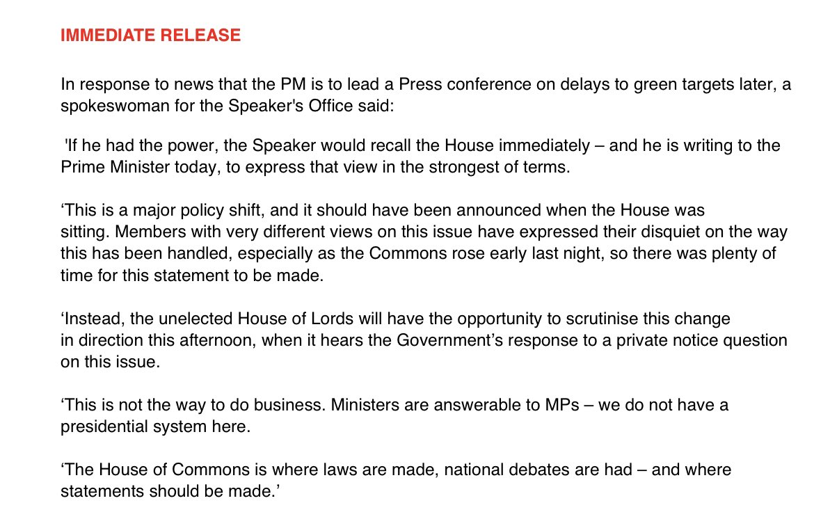 🚨 | BREAKING: Speaker Lindsay Hoyle blasts Rishi Sunak for his failure to make the statement on net zero to Parliament first 

Spox: "If he had the power, the speaker would recall the House immediately... This is not the way to do business."