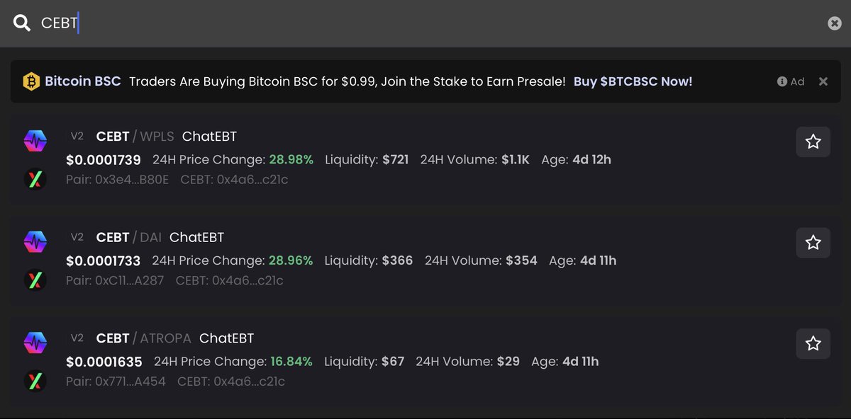 ChatEBTmeme's tweet photo. The goal of #ChatEBT is to pair with all of the $ATROPA &amp; $pDAI ecosystem tokens and eventually all of the $HEX &amp; $PLS related tokens.

this is the list of pairs for $CEBT

It’s a slow grind when you are not made to pump and dump.

GRAB a bag while its low.

Only 27,000,000 https://t.co/FRxiNPVjpI