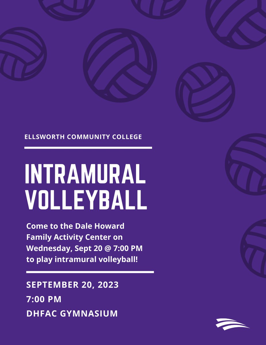 Students, come to the DHFAC Gymnasium tonight at 7:00 PM and play intramural volleyball! Form a team and get ready to bump, set, and spike your way to victory! 🏐 #ExperienceEllsworth #CreateYourExperience