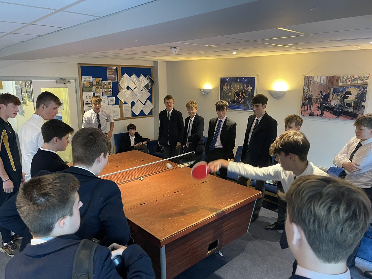 CrosseHouse's tweet photo. Tense times at break today in our annual house Table Tennis 🏓 competition as first round matches prove worthy of any final already! I believe our reigning champion Mr Verbi was knocked out by Eddie &amp; ‘23 finalist Nathaniel C also beaten by Ollie S! Open season now… 🏓🤍💙 https://t.co/dyzgVgPBBH