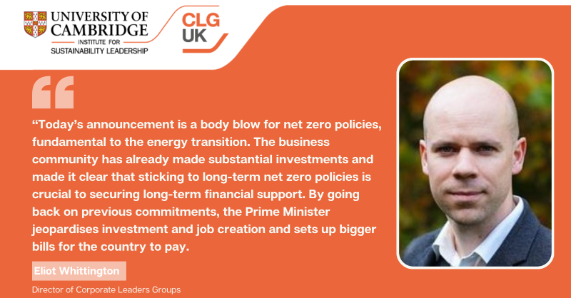 ClimateCLG's tweet photo. 📢 Following recent concerns that PM @RishiSunak @10DowningStreet intends to weaken UK’s climate policies, CLG UK and many of our members joined a range of businesses to demonstrate the broad commitment to the UK’s #netzero goal and support for policies needed to deliver this.