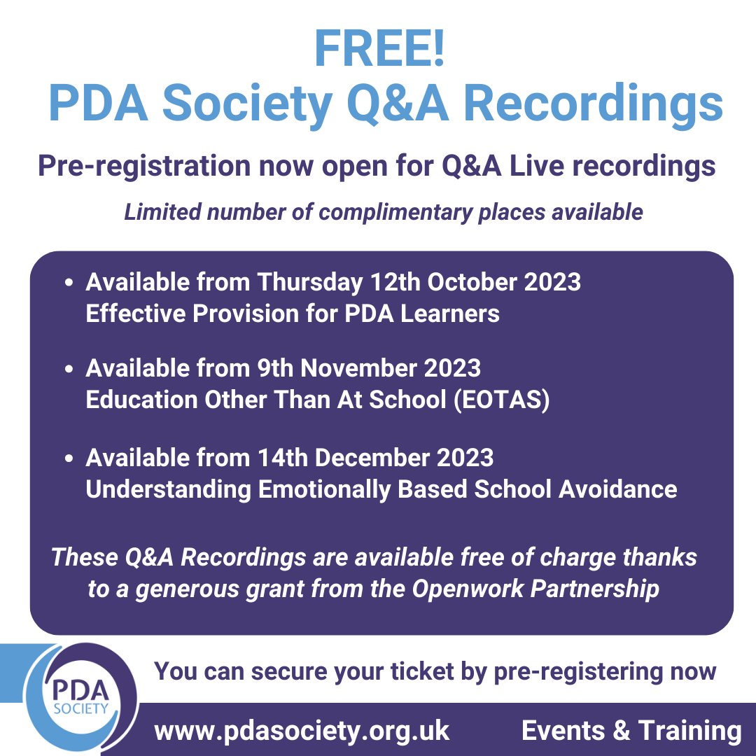 You might remember that a few weeks ago we launched our new series of Q&amp;A Live events but they sold out really quickly.
Today we are able to offer you the chance to pre-register for a recording of each session when they become available.
pdasociety.org.uk/all-qa-recordi…