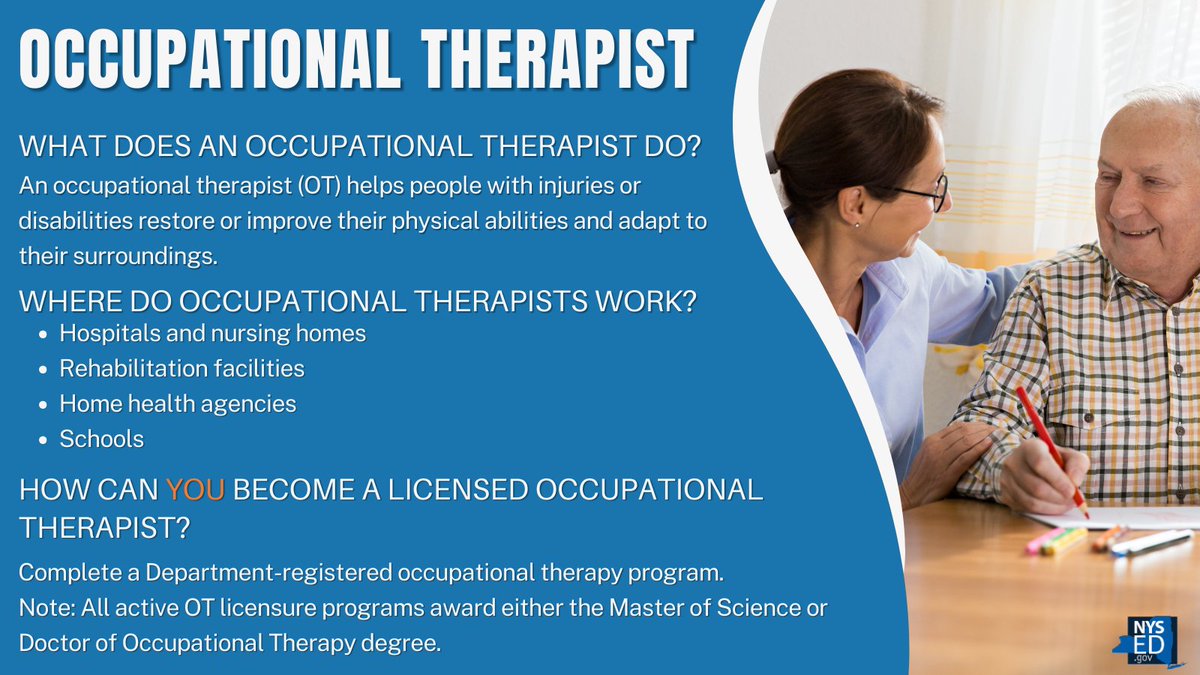 NYSEDNews's tweet photo. Interested in helping people affected by injury or disabilities? Are you dependable and patient, and do you have compassion for others? Occupational Therapy may be the career for you! Learn more: https://t.co/NKn03No5am #ProfessionProfile https://t.co/CxY6ShWW2f