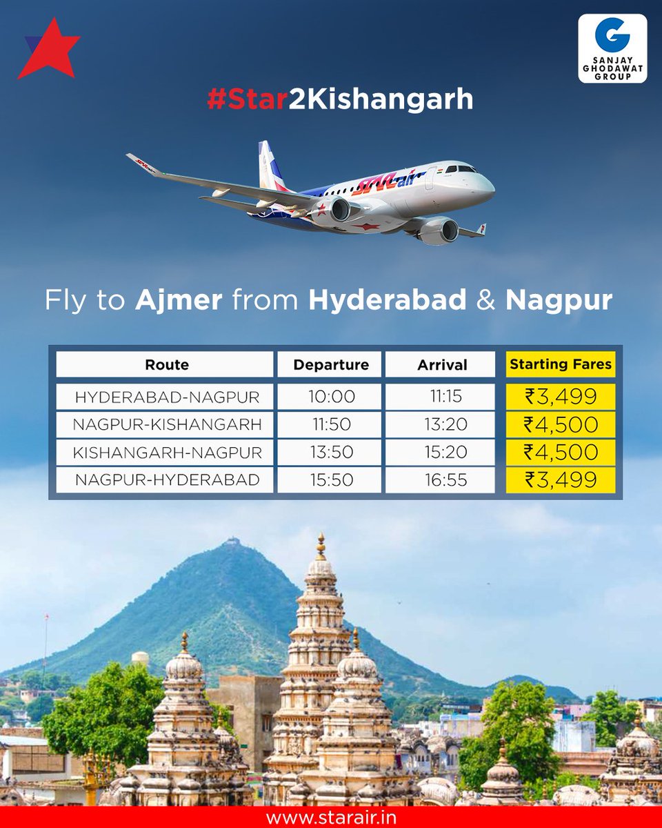 Introducing #Star2Kishangarh 
By  @OfficialStarAir
@nagpur_matters
@vaibhavgTOI

#OfficialStarAir #WeCare #ConnectingRealIndia #FlyNonStop #FlyWithStarAir #SGGRising #IndianAviation #StarAir #Hi5S5 #FlyS5  #Ajmer #Hyderabad #Nagpur