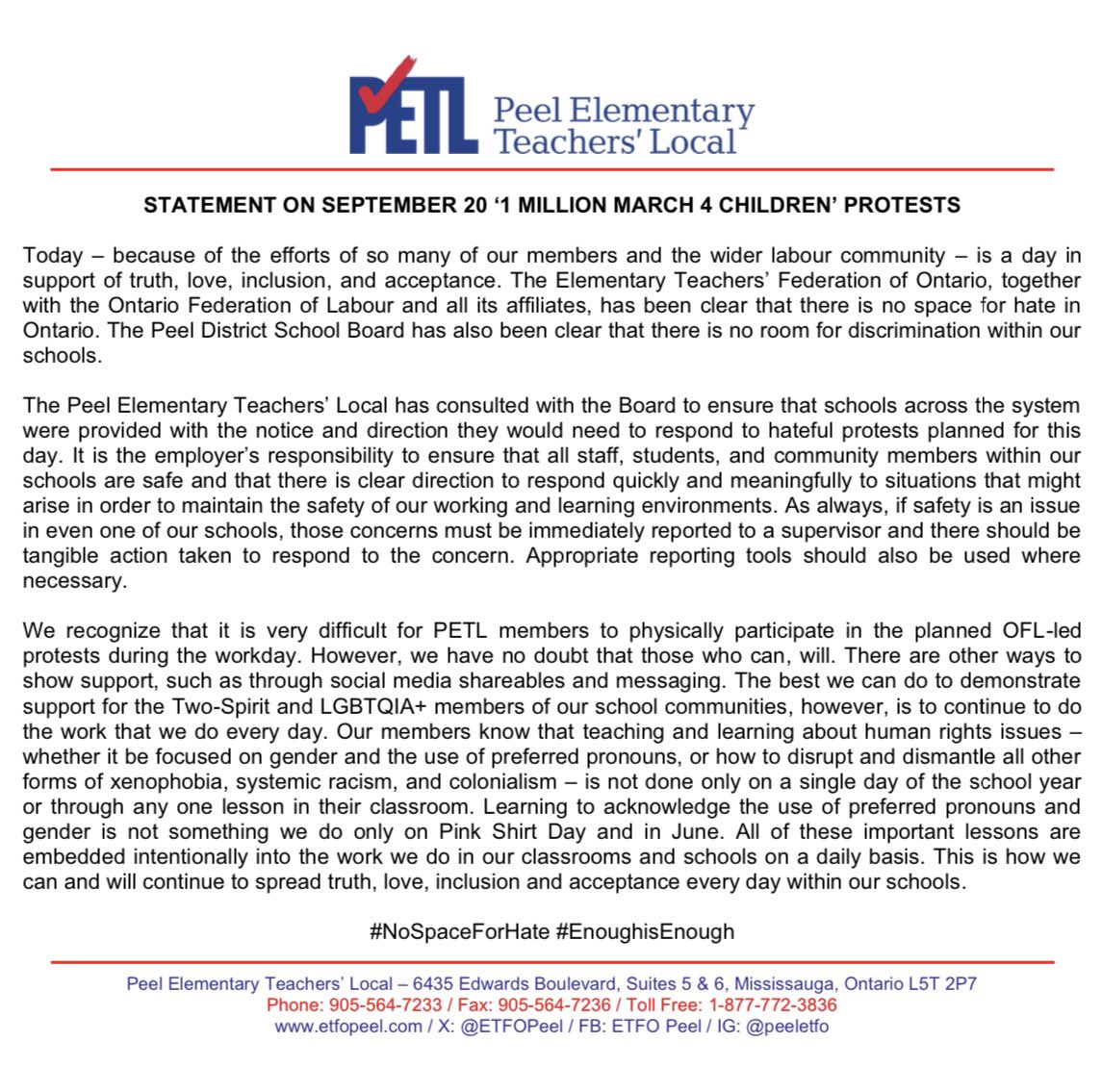 .<a href="/ETFOPeel/">ETFO Peel</a> Statement re: Sep 20 ‘1 Million March 4 Children’ Protests

Human rights are embedded intentionally into the work we do in our classrooms every day. This is how we can &amp; will continue to spread truth, love, inclusion &amp; acceptance in our schools.

#ETFO #OntEd #OnLab