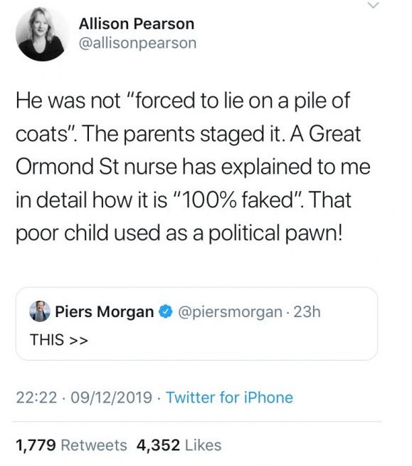 owl_and_flowers's tweet photo. @AllisonPearson @guardian @OwenJones84 Let's never forget that Allison Pearson lied about the boy on the hospital floor, claimed she had personally spoken to a nurse and had definitive proof it was a set up but her evidence was nothing more than a dodgy facebook post from an account that claimed to have been hacked https://t.co/q2j3DCkdBX
