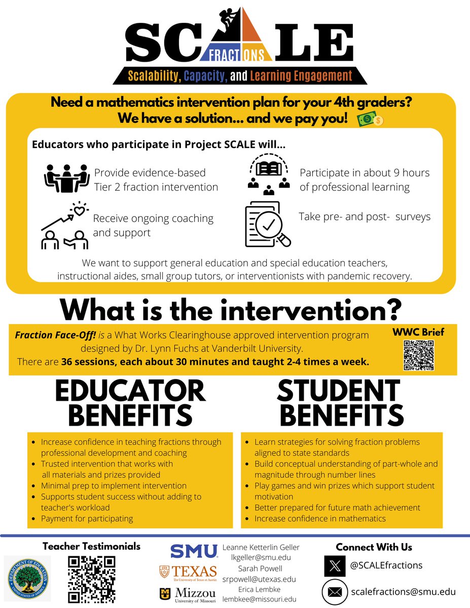 Do you want to get paid to implement a mathematics intervention with your 4th grade students? Join our Project SCALE infosession this Friday, 9/22 at 9:00am CST. RSVP and get the Zoom link here: forms.office.com/r/DbwrmG6KDM #fractions #mathintervention #FFO