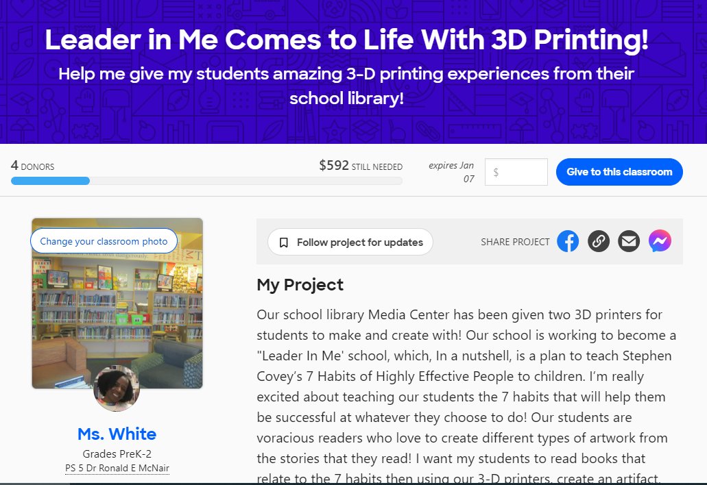 Looking forward to 3-D printing in our school library! Please click the link below and donate or share my project with others! Thank you! #DonorsChoose @CSforAllNYC @makerbot @NYCDOEOLS @QCarolyneQ1 
donorschoose.org/project/leader…