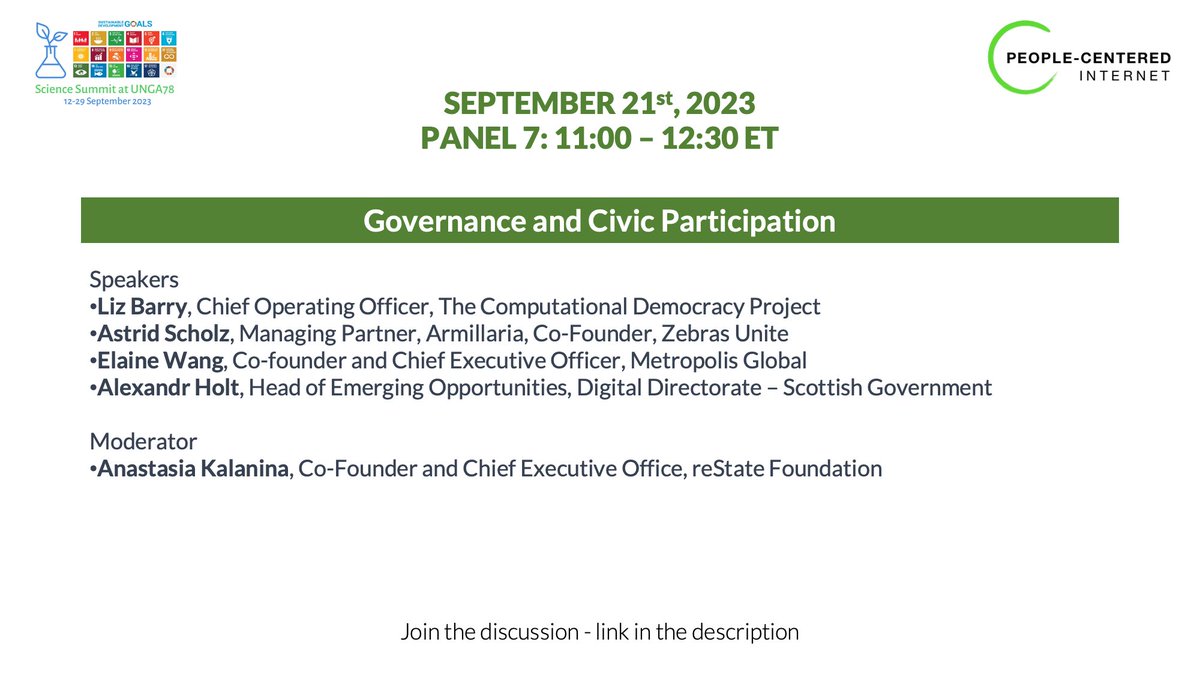 Tomorrow at the #UNScienceSummit Explore 'Governance and Civic Participation' and discover how citizen participation shapes regional tech governance. Featuring Liz Barry, Astrid Scholz, Elaine Wang, Alexander Holt and moderated by Anastasia Kalanina. Join lnkd.in/egpPwp4Z