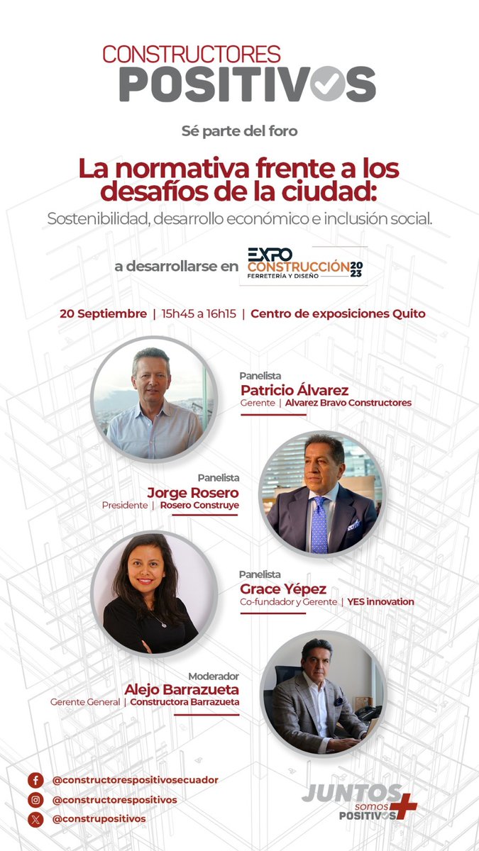 Gracias a Constructores Positivos por invitarnos a debatir esta tarde en el marco de la Expo Construccion 2023 en Quito.
Con la participacion de nuestra colega Grace Yepez-Salmon