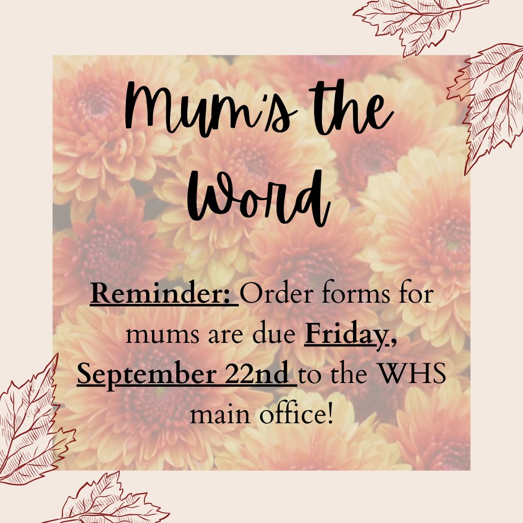 swsd_whs's tweet photo. 🌼 Attention WHS: the mums fundraiser is almost over! 
📣Please return mum order forms to the office by Friday, September 22nd 
⭐️This is a great opportunity for students to raise money for their activity fee https://t.co/baHESBz86m