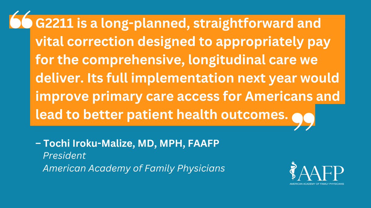 aafp's tweet photo. “The Academy is determined to push G2211 across the finish line,” #AAFP President @tilimd says. #Medicare add-on Code G2211 is a vital correction designed to appropriately pay for the comprehensive, longitudinal care that family physicians deliver. https://t.co/ZABPGtzT6Q https://t.co/mEOBG1dSRv