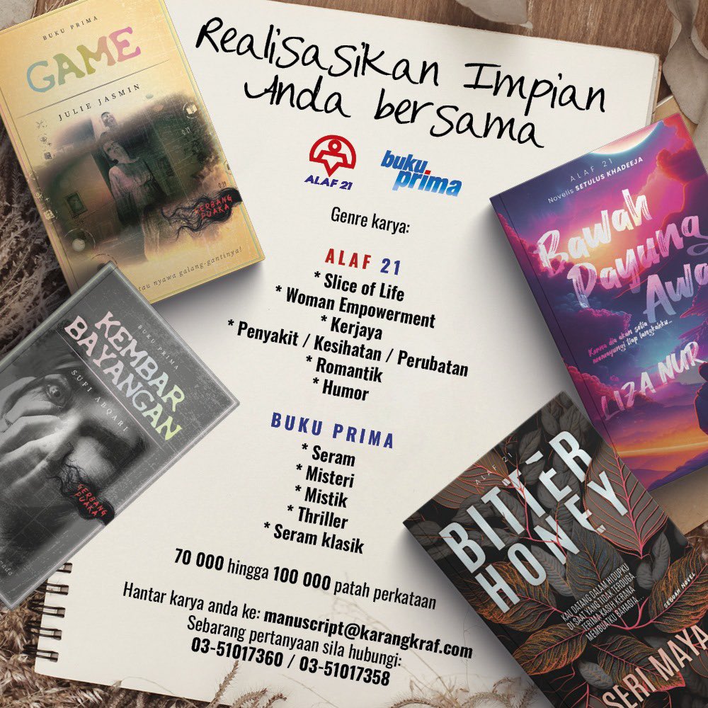 Untuk yang nak submit manuskrip buku fiksyen atau bukan fiksyen; boleh rujuk gambar-gambar di bawah. 

Tag kawan anda yang sedang mencari atau RT post ini. ✨