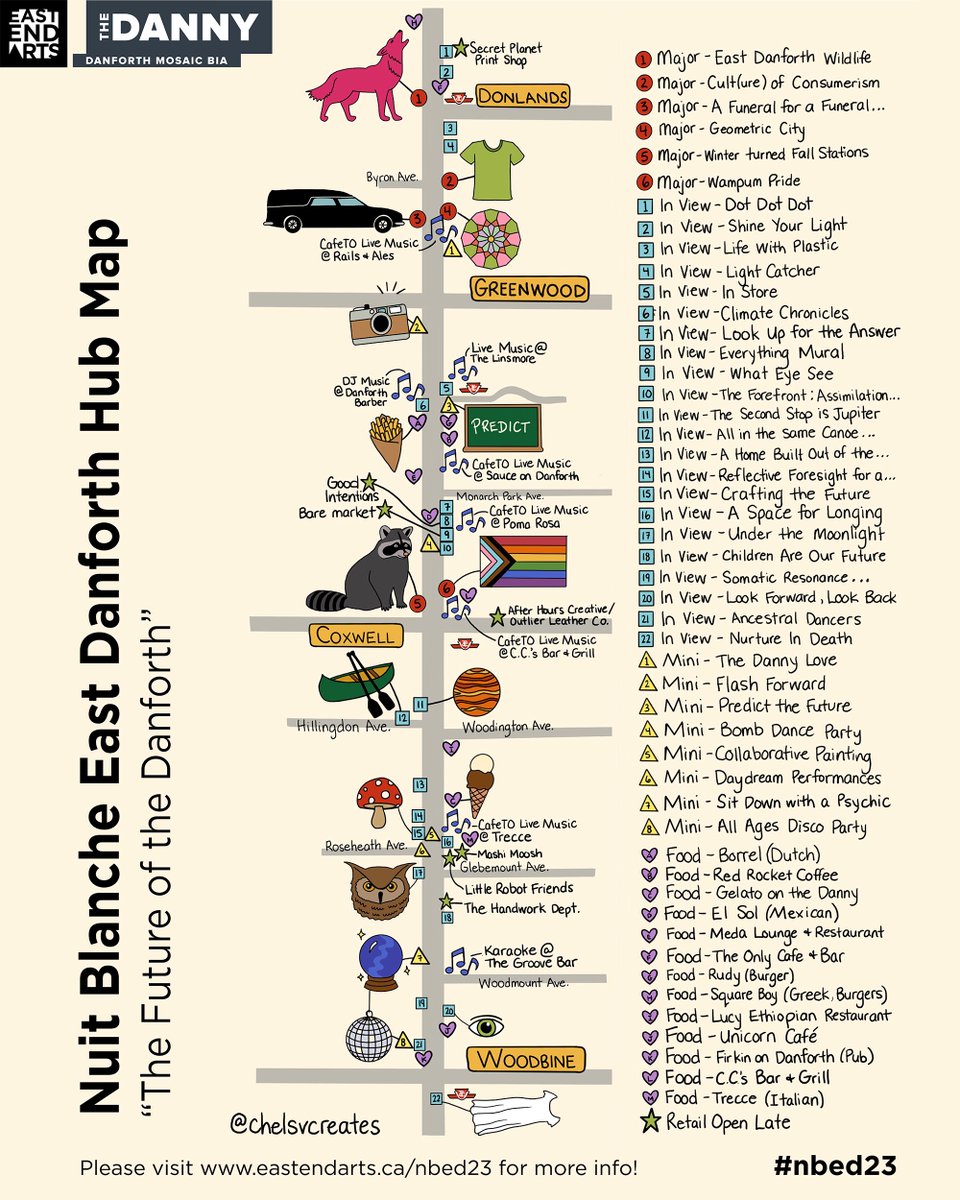 📣THREE DAYS UNTIL NUIT BLANCHE EAST DANFORTH, SO HERE IS THE HUB MAP!✨On Sat Sept 23, 7pm-7am on Danforth Ave between Donlands &amp; Woodbine Stations, join us for a magical evening to experience 40+ art installations, activations, and performances! MORE: eastendarts.ca/nbed2023/