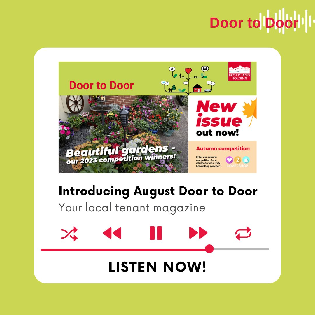 BroadlandHsg's tweet photo. Our August 23 Door to Door tenant magazine is now available in audio! 🏡🔊
Dive into the latest community updates, tenant events and housing tips. Just hit play and enjoy!
Click the link here: https://t.co/e8p5RVDigs
#BroadlandHousing #AudioMagazine #CommunityConnection https://t.co/bdMzXPIkzv