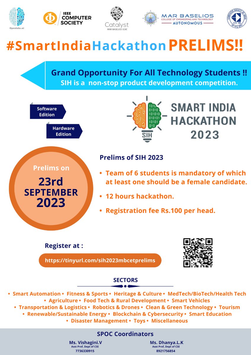 officialmbcet's tweet photo. ✅ Applicable for Hardware and Software editions
✅ Team should comprise of 6 members

Fill the membership form: https://t.co/Jq4NKZNO77

Last Date for Registration: 24th September 2023

#sih23 #sih2023 #smartindiahackathon2023 
@mhrd_innovation @EduMinOfIndia @GoI_MeitY https://t.co/PmcZlDDx15