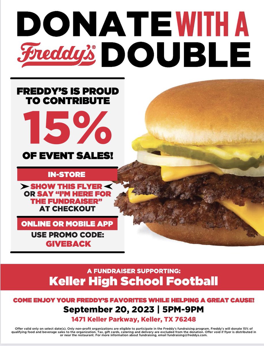 Remember it’s Freddy’s Night!! Come join us for food, friends and fundraising! Remember to show or mention the flyer! @KHSIndianNation @KISDAthletics @kellerindiansfb