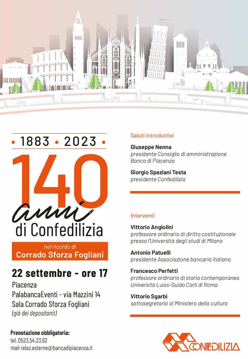 bancadipiacenza's tweet photo. Venerdì 22 settembre ore 17 presso la Sala Corrado Sforza Fogliani la @Confedilizia_ celebra i 140 anni dalla costituzione dei suoi primi nuclei associativi. Leggi di più al link https://t.co/kdVRa8KV5i #BancadiPiacenza https://t.co/EJawtxaYb2