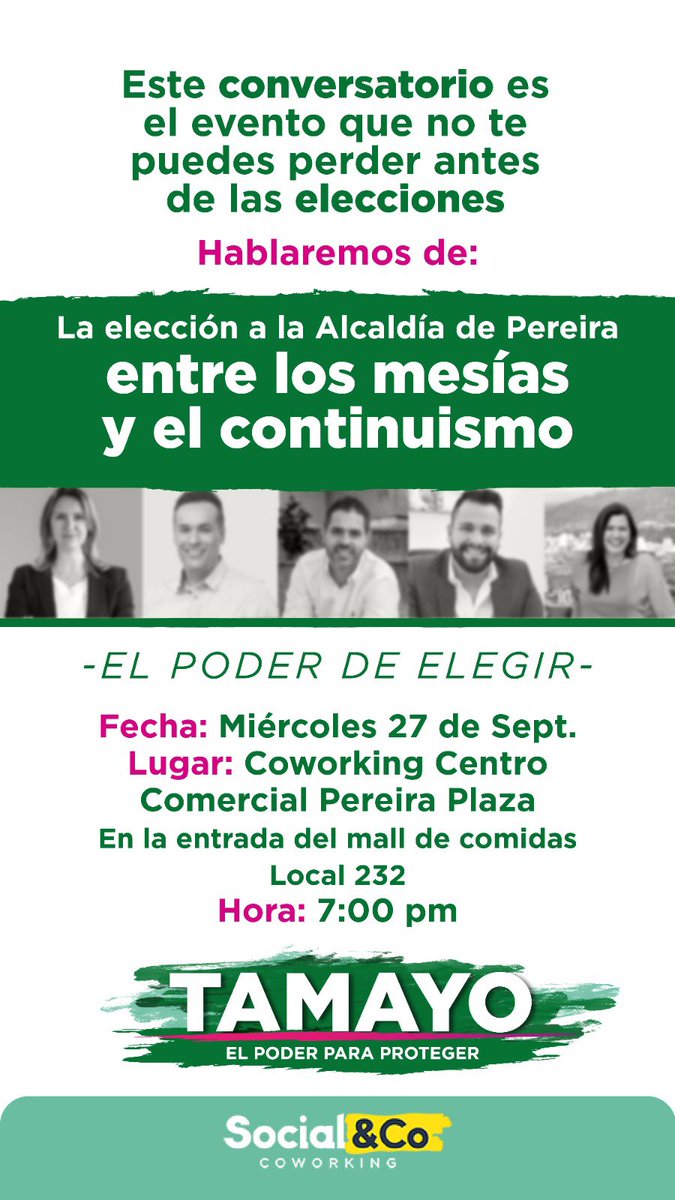 Tamayopoderpara's tweet image. Miércoles 27 de septiembre - Lugar: Coworking Centro Comercial Pereira Plaza en la entrada del mall de comidas Local 232 - Hora: 7:00 pm.

INVITA: TAMAYO EL PODER PARA PROTEGER

#tamayoelpoderparaproteger #tamayoelpoderparaelegir #elecciones #elecciones2023 #alcaldia #pereira
