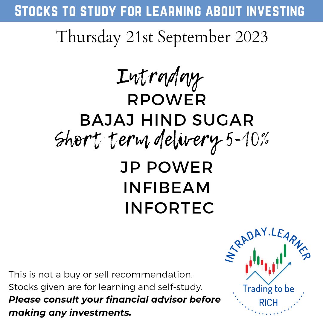 Stock Picks for 21st Sep23
by <a href="/LearnerIntraday/">Intraday.Learner</a>
#navimumbai
#intradaytrading #zeebusiness
#StockMarketindia #sharemarketindia #sensex #GIFTNIFTY #nifty50 #NiftyBank #dalalstreet #zerodha  #trading #trending #bhfyp 

This is not a buy or sell recommendation.