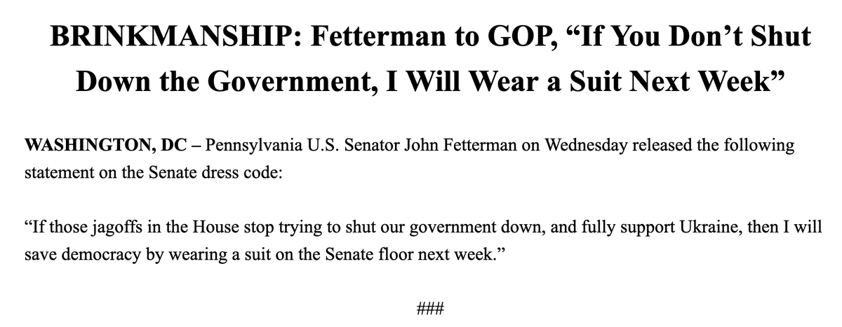 sahilkapur's tweet photo. Sen. John Fetterman offers to wear a suit next week if House Republicans agree to prevent a government shutdown. https://t.co/4l8EnFMEuH