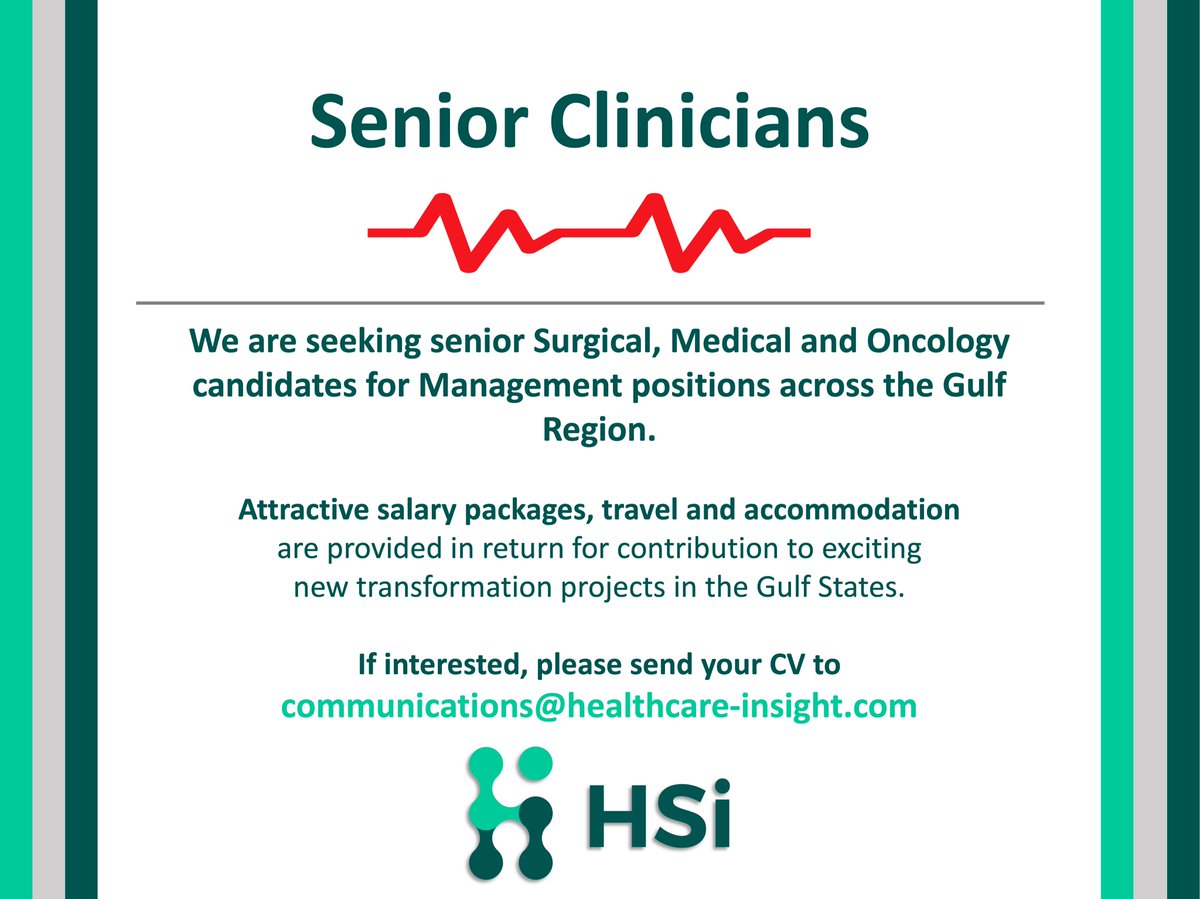 Senior Clinicians required across the Gulf Region for Management Positions in Surgical, Medical and Oncology Specialties with attractive salary packages.  

#healthcarejobs #healthcare #clinicians #clinicaljobs #gulf #clinicalmanagement #relocation #Health #consultantjobs