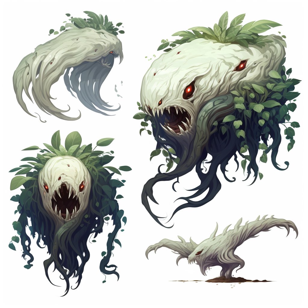 BitmasksIO's tweet image. promt: different variations of large magical plant creature, white background, digital art, drawing, game asset