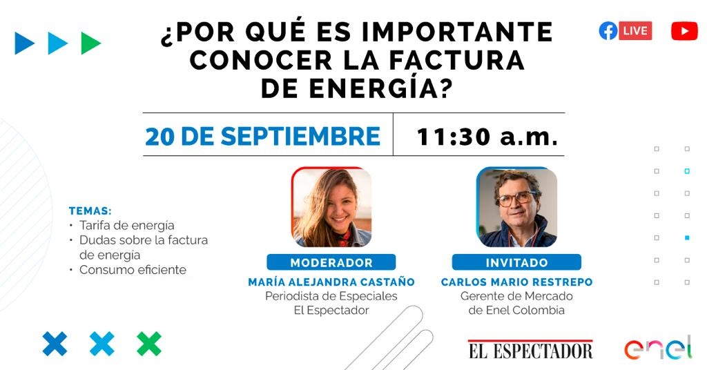 EnelClientesCO's tweet photo. 💡Conéctate a las 11:30 a.m al Facebook live de @elespectador https://t.co/8kMSsgeq3M “¿Por qué es importante conocer y entender la factura de energía?” Carlos Mario Restrepo, Gerente de Mercado de Enel resolverá dudas respecto a la tarifa y dará algunos tips de consumo eficiente https://t.co/DA1T8a4q9h