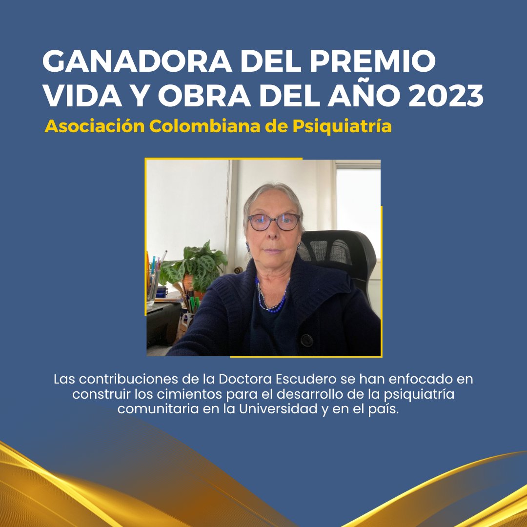 #OrgulloJaveriano | <a href="/ACPPsiquiatria/">ACP</a> ha designado a la Dra. Cecilia Escudero de Santacruz, ganadora del Premio Vida y Obra del año 2023. Para <a href="/UniJaveriana/">Pontificia Universidad Javeriana</a>  y <a href="/MedicinaPUJ/">Medicina Javeriana</a> este premio representa un merecido reconocimiento a una gran trayectoria académica e investigativa.
