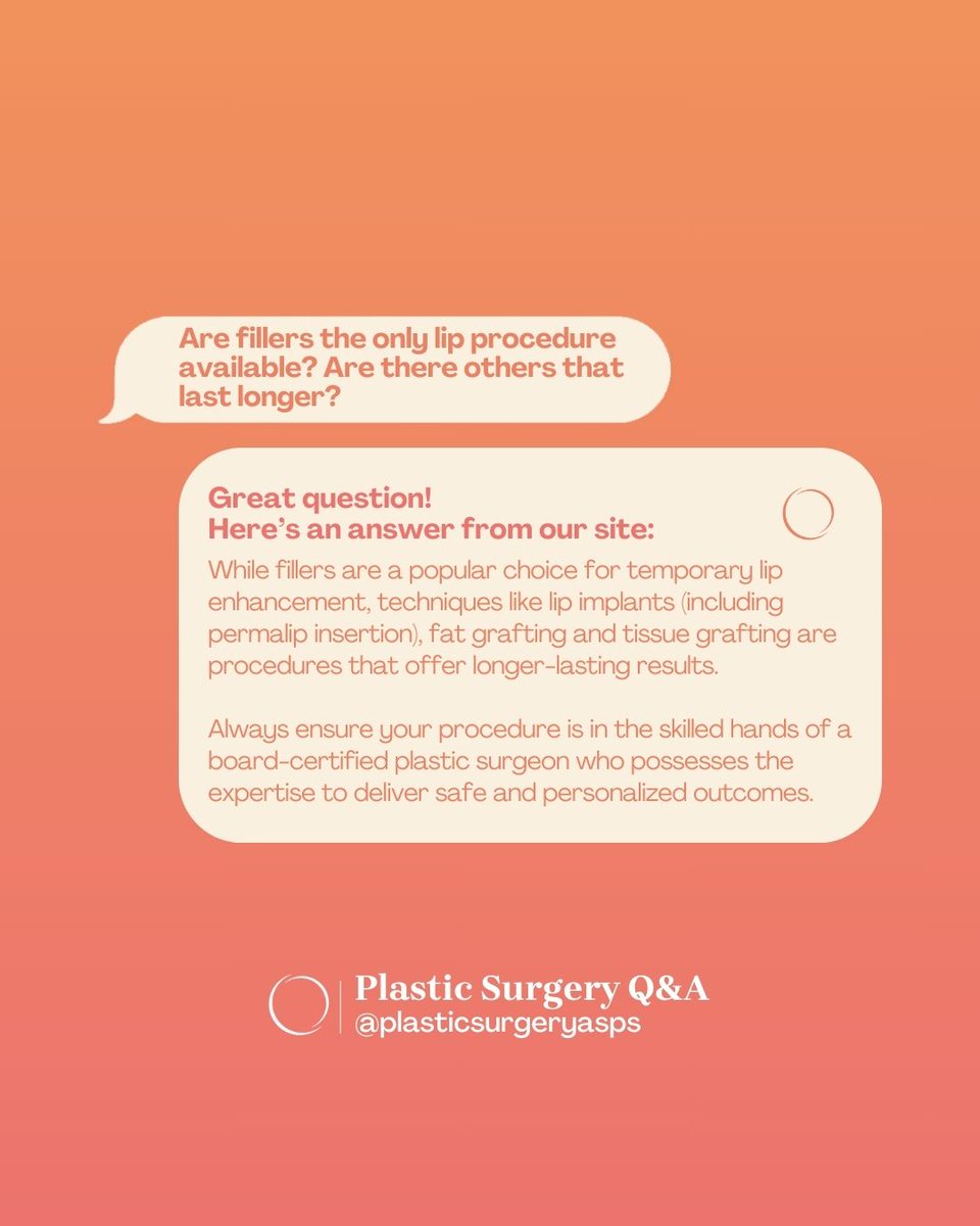 ASPS_News's tweet photo. 👄 Lip filler is all the rage these days! With the use of dermal filler injections, plastic surgeons can give you the perfect pout of your dreams.

But are fillers the only option for those luscious lips? Is there a longer-lasting alternative? Great questions! Fortunately, we have the answers right here.

#LipAugmentation #LipFillers #ASPS #PlasticSurgery