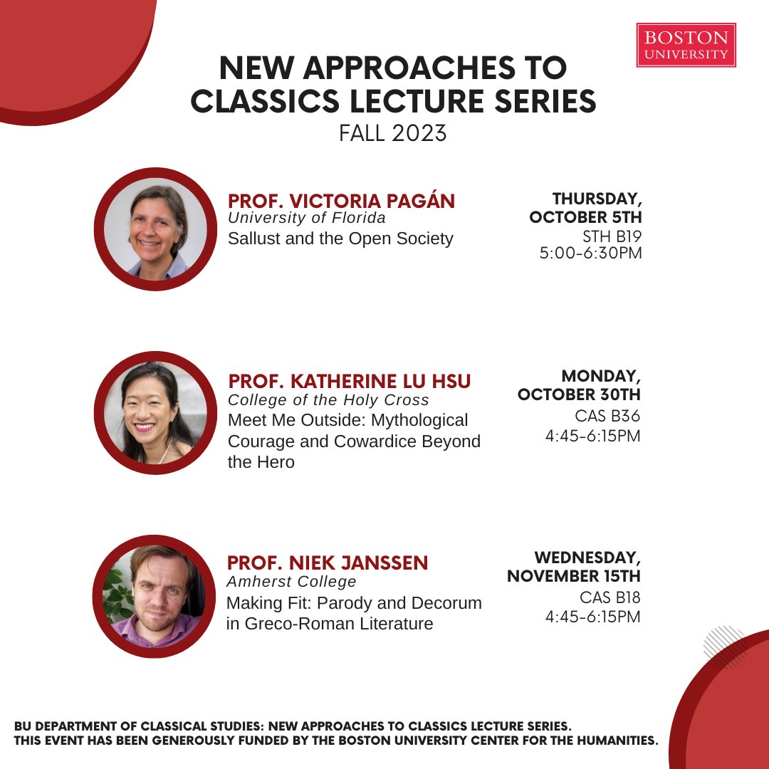 BUClassics's tweet image. Come join us! BU Classical Studies would like to announce the speakers for our New Approaches to Classics Lecture Series! All events are in-person, free to attend, and open to the public. We hope to see you there!