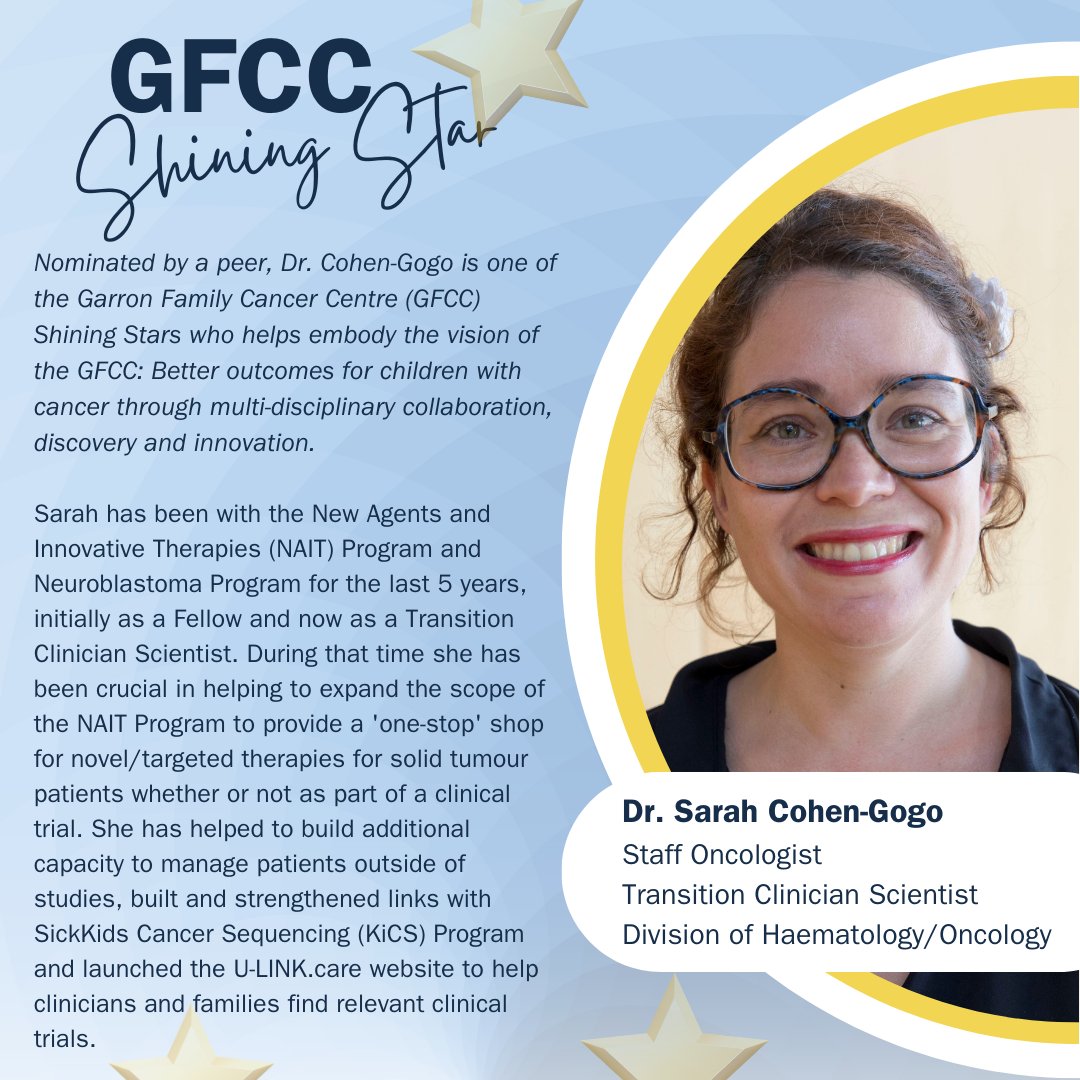 This Childhood #Cancer Awareness Month, we're recognizing the Shining Stars behind <a href="/SickKidsCancer/">Garron Family Cancer Centre</a>💛

First a Fellow &amp; now a Staff Oncologist &amp; Transition Clinician-Scientist, Dr. Sarah Cohen-Gogo plays a key role in helping clinicians &amp; families access clinical trials.

#SKPeeps