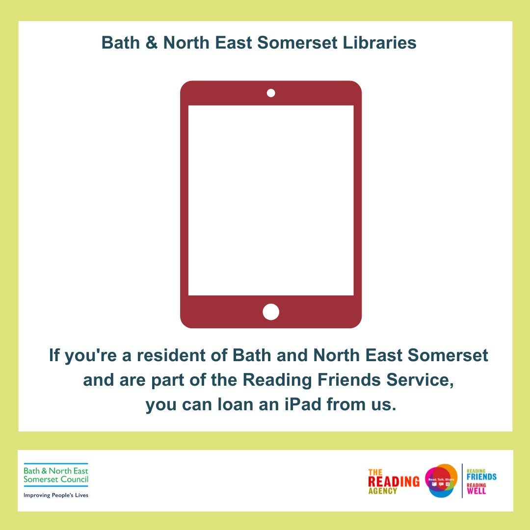 bnes_libraries's tweet image. If you&apos;re a resident of Bath and North East Somerset and are part of the Reading Friends Service, you can loan an iPad from us. For more information: beta.bathnes.gov.uk/library-home
#BNESLibraries #LibraryAtHome #HomeLibraryService #ReadingFriends #DigitalLibrary