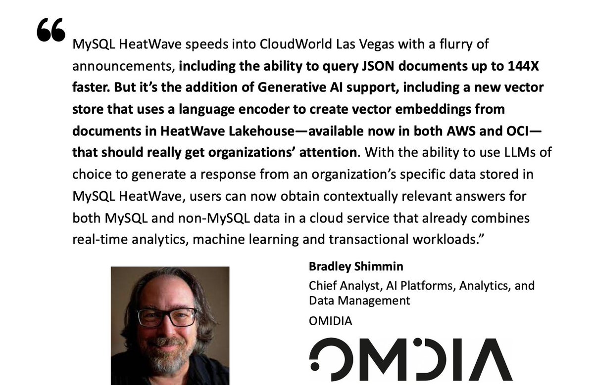 {Analyst quote] <a href="/brad_shimmin/">Bradley F. Shimmin</a> at #Omdia The addition of Generative AI support in HeatWave Lakehouse—available now in both AWS and OCI—should really get organizations’ attention. Learn more at today's keynote social.ora.cl/6010PhF5y
#MySQL #MySQLHeatWave #GenerativeAI