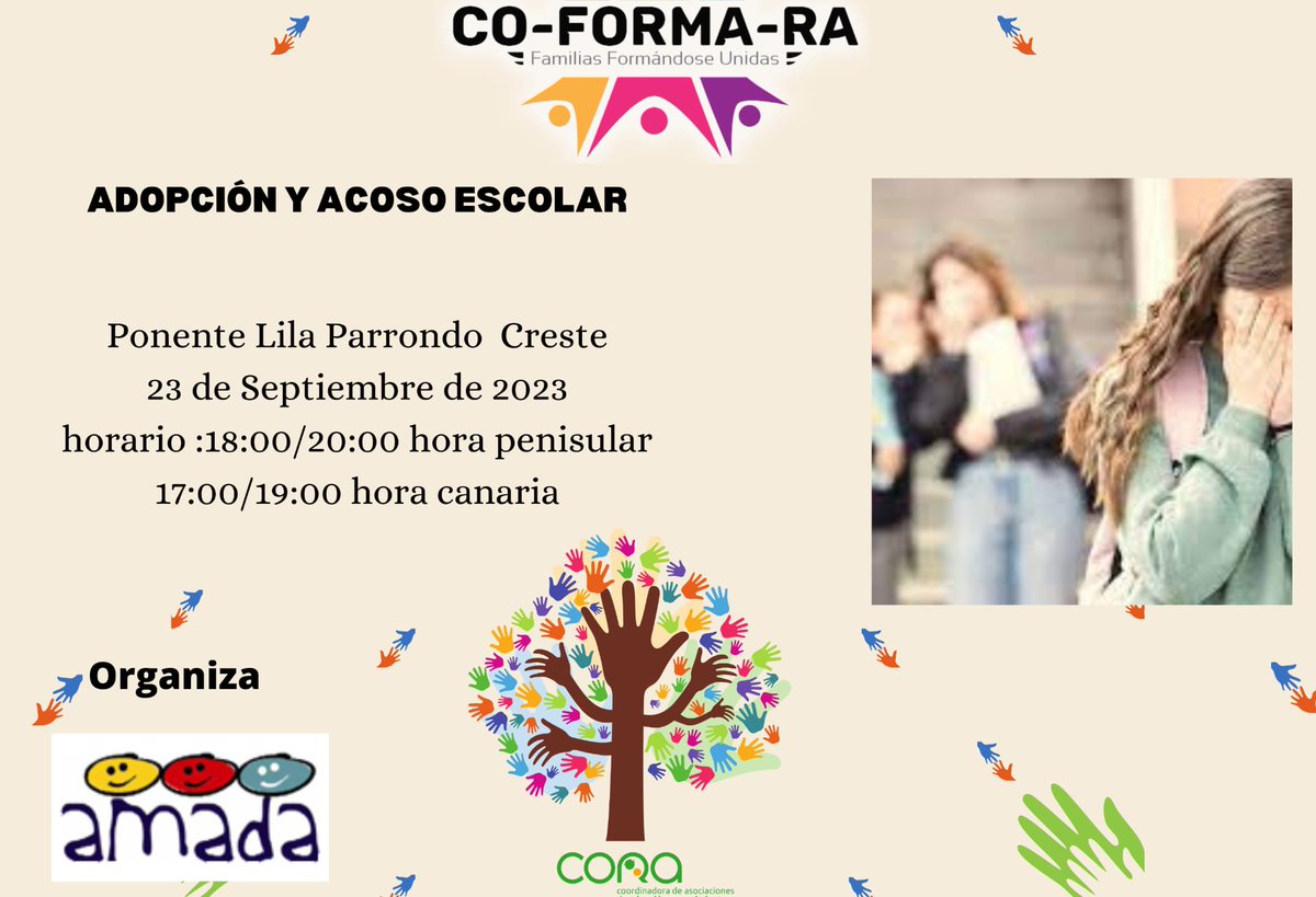 Se retoman las sesiones informativas y formativas del grupo de trabajo de CORA, en esta ocasión, este próximo sábado día 23/Sep, se tratará el tema de la "Adopción y Acoso Escolar", que es muy oportuno para este inicio de curso académico.