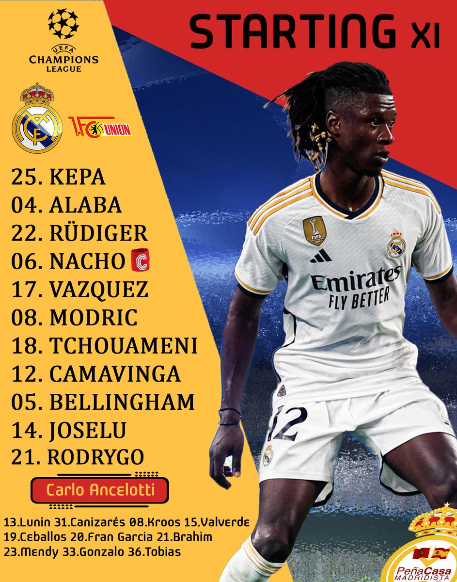 🚨🚨 Le XI du Real Madrid pour le match Champions League de la saison 

Kepa
Lucas V-Rudiger-Nacho-Alaba
Camavinga-Tchouameni-Modric
Bellingham 
Rodrygo-Joselu