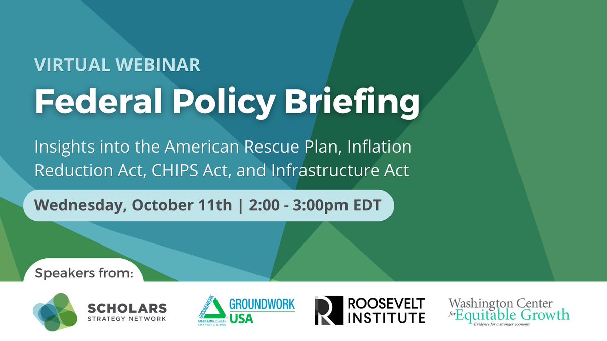 Scholars Strategy Network (bsky: @scholars.org) (@ssnscholars) on Twitter photo Join us for a virtual briefing on some of the most significant, recent federal legislation impacting our nation's economy and future. The session will feature speakers from <a href="/GroundworkUSA/">GroundworkUSA</a>, <a href="/rooseveltinst/">Roosevelt Institute</a>, and <a href="/equitablegrowth/">Equitable Growth</a>.
Register today: scholars.my.salesforce-sites.com/event/home/fed… Join us for a virtual briefing on some of the most significant, recent federal legislation impacting our nation's economy and future. The session will feature speakers from <a href="/GroundworkUSA/">GroundworkUSA</a>, <a href="/rooseveltinst/">Roosevelt Institute</a>, and <a href="/equitablegrowth/">Equitable Growth</a>.
Register today: scholars.my.salesforce-sites.com/event/home/fed…