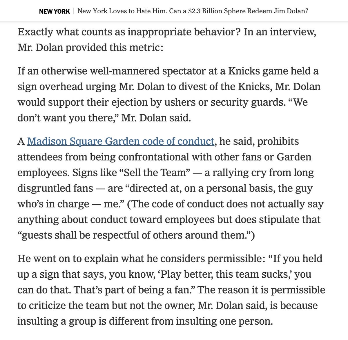 Definitely recommend this @katierosman story on James Dolan. So much in there — how the idea for The Sphere was born, a very rare Leon Rose on-the-record quote, why fans at MSG can criticize the team but not him, and what it takes to get tossed from MSG. nytimes.com/2023/09/20/nyr…