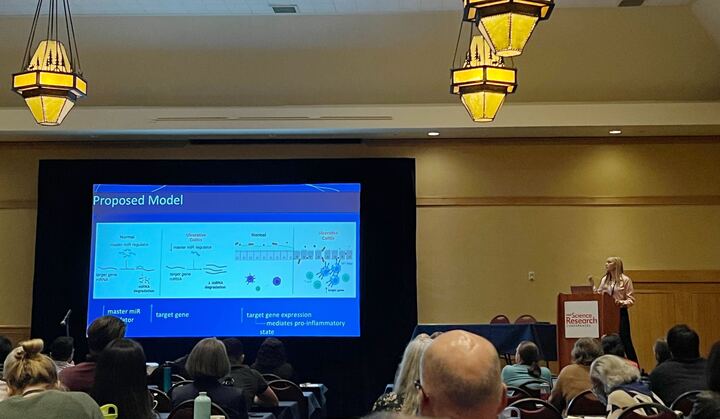 PraveenSethup's tweet photo. My PhD student Alexx Shumway presenting @FASEBorg #GESRC!  She is such a privilege and joy to mentor -- so grateful she's on our team.  Top-notch!  Thanks to @FASEBorg for giving her this opportunity. #gut #IBD #microRNA @Cornell @cornellvet @CornellMBG https://t.co/ARDtm4xf3t