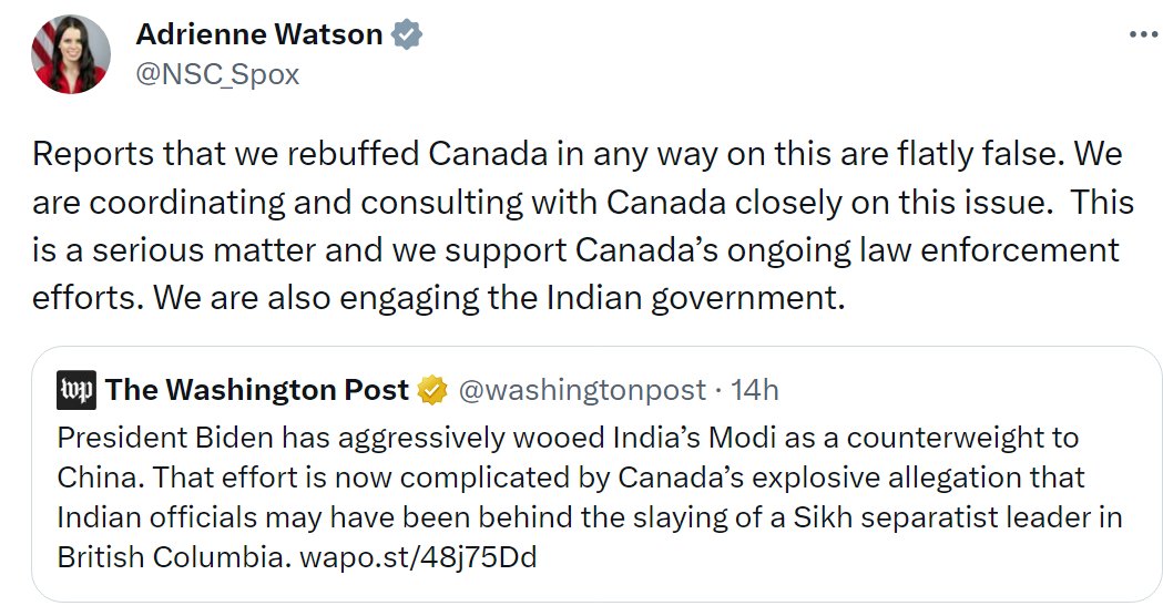 BaazNewsOrg's tweet photo. BREAKING | Adrienne Watson, White House National Security Council Spokesperson, confirmed in a tweet that the USA is closely coordinating and consulting with Canada on the Indian assassination of Hardeep Singh Nijjar. America is also engaging the Indian government. https://t.co/dwKiTEsOZX
