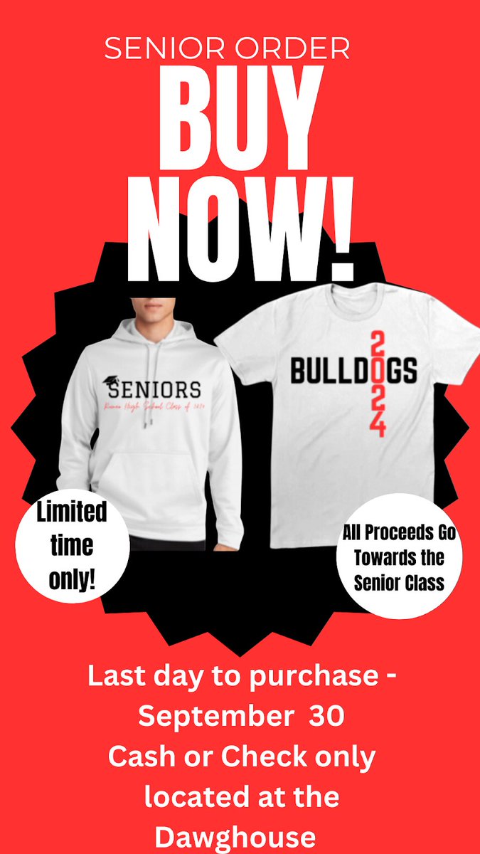 It’s a great day to be a Bulldog!! Come visit the Dawg House open during all lunches🙌

SENIORS: Due date for senior orders is September 30th. Don’t forget to get your orders in‼️
